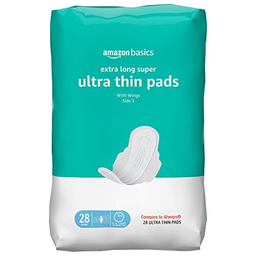 Amazon Basics Ultra Thin Pads with Flexi-Wings for Periods, Extra Long Length, Super Absorbency