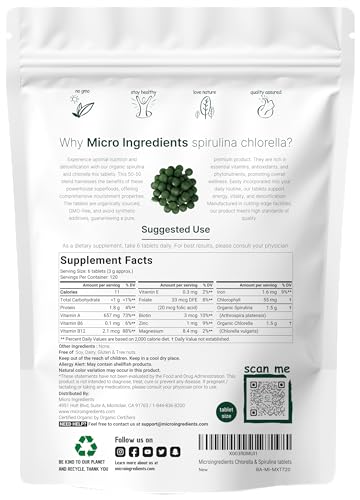 Organic Chlorella Spirulina Tablets, 3000mg Per Serving, 720 Counts, 4 Months Supply