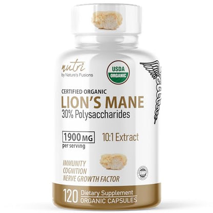 Nutri Organic Lions Mane Supplement Capsules - 1900 mg, 10:1 Dual Extraction, 120 Count 