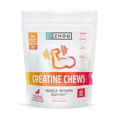 Zhou Nutrition Creatine Monohydrate Chewables 5g for Men & Women, Sugar Free, Organic, Muscle Growth Support, Non GMO, Pink Lemonade, 60 Creatine Gummies