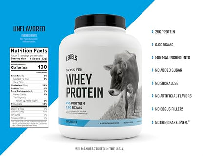 Levels Grass Fed 100% Whey Protein, No Hormones, Unflavored, 5LB