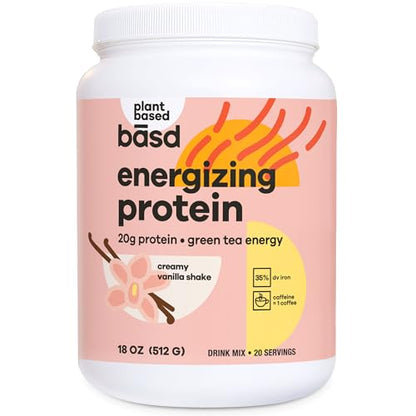 basd Energizing Protein, Vanilla Shake | Plant-Based Protein & Green Tea Energy | Vegan, Gluten-Free, Non-GMO, Dairy Free, Soy Free, Sugar-Free | 20g Protein, 100mg Caffeine, 20 Servings, 512g Tub