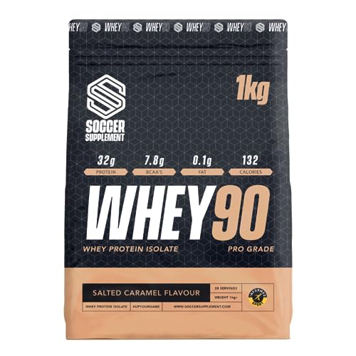 Whey90 Salted Caramel 1kg Whey Protein Isolate- by Soccer Supplement, 32 Grams