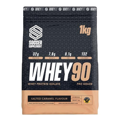 Whey90 Salted Caramel 1kg Whey Protein Isolate- by Soccer Supplement, 32 Grams