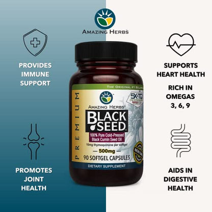 Amazing Herbs Premium Black Seed Oil Capsules - Cold Pressed Nigella Sativa Aids