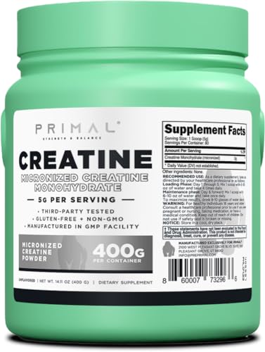 Primal Creatine Monohydrate Powder (400 Grams) | Unflavored Micronized Creatine 