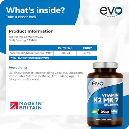 EVO NUTRITION Vitamin K2 MK-7 200mcg | 365 Vegetarian and Vegan Tablets