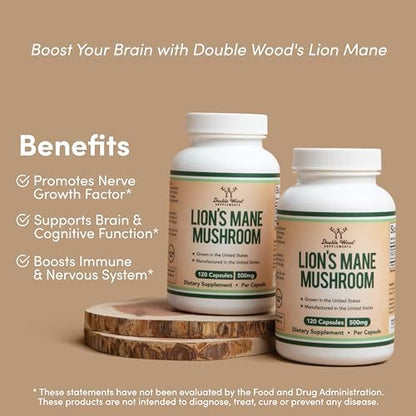 Lions Mane Supplement Mushroom Capsules (Two Month Supply - 120 Count) for Brain