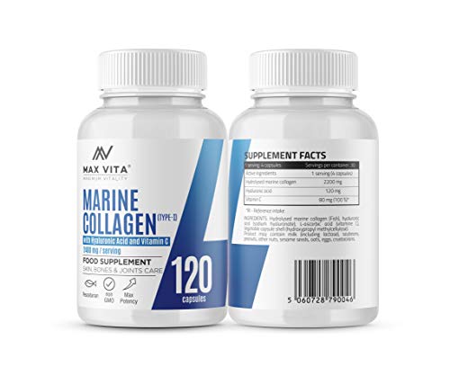 Marine Collagen Type 1 2400mg - 120 Capsules Supplement with Hyaluronic Acid and Vitamin C