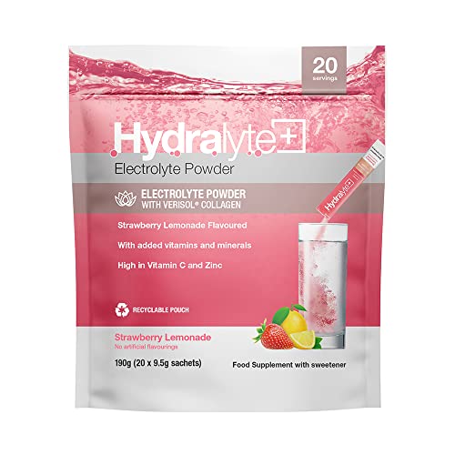 Hydralyte Plus Collagen Effervescent Electrolytes Powder Sachets - 20 Strawberry Lemonade Flavored Sticks