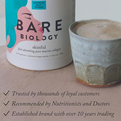 Bare Biology Collagen Powder, 300g/60 Servings - Skinful Pure Marine Collagen Supplement for Skin