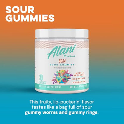 Alani Nu Rainbow Candy Pre Workout and BCAA Sour Gummies Post Workout Powder Bundle | L-Theanine, Beta-Alanine, Citrulline | Branch Chain Essential Amino Acids | 30 Servings per Container