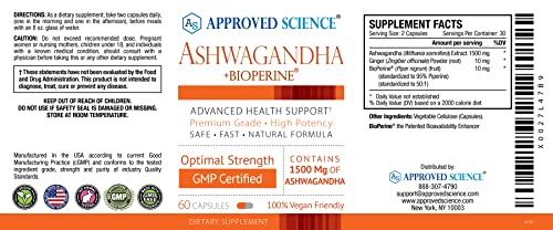 Approved Science® Ashwagandha 1500mg with Bioperine® and Ginger- Alleviate Sleepless