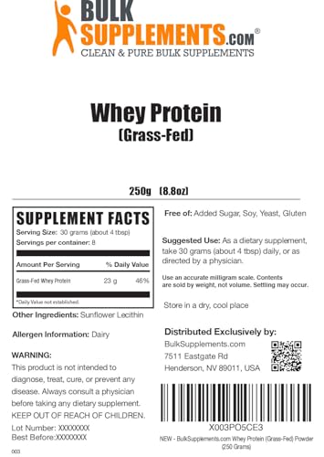 BULKSUPPLEMENTS.COM Grass Fed Whey Protein Powder - Pure Protein Powder