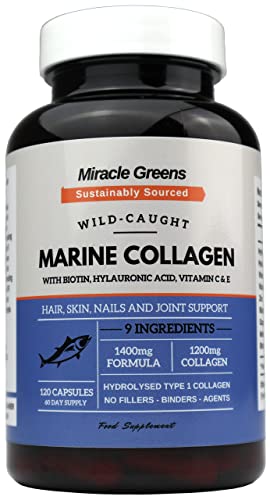 Marine Collagen 1400mg | 120 Capsules with Biotin, Hyaluronic Acid, Vitamin C, E, B2, Zinc, Copper & Iodine