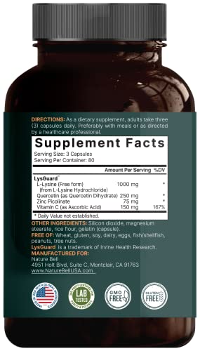 NatureBell L-Lysine 1000mg + Quercetin 250mg Supplement, 240 Capsules, Free Form