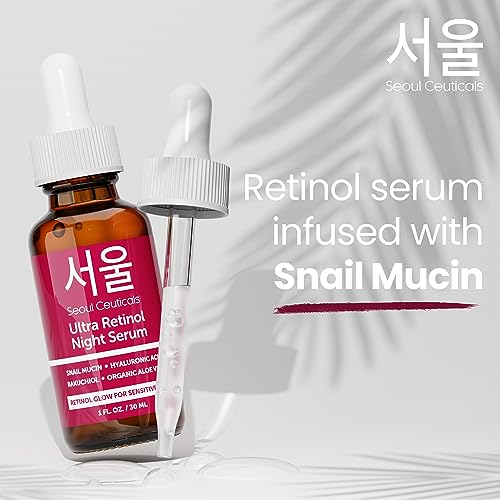 SeoulCeuticals 1% Korean Retinol Night Serum for Face - 97.5% Snail Mucin + Hyaluronic