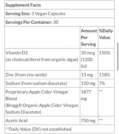 Bragg Apple Cider Vinegar Capsules - Vitamin D3 & Zinc - 750mg of Acetic Acid