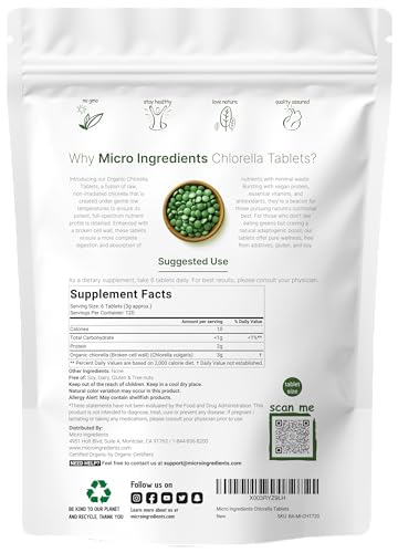 Organic Chlorella Tablets, 500mg Per Tablet, 720 Tabs (360 Grams), 4 Months Supply