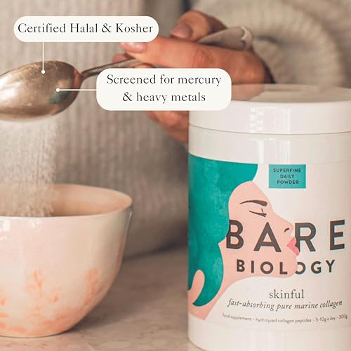 Bare Biology Collagen Powder, 300g/60 Servings - Skinful Pure Marine Collagen Supplement for Skin