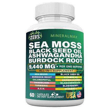 Sea Moss Capsules with Black Seed Oil, Burdock Root, Bladderwrack, Turmeric, Ashwagan