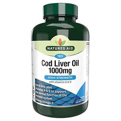 Natures Aid Cod Liver Oil, 1000 mg, 180 Softgel Capsules (High Strength, 254 mg Omega