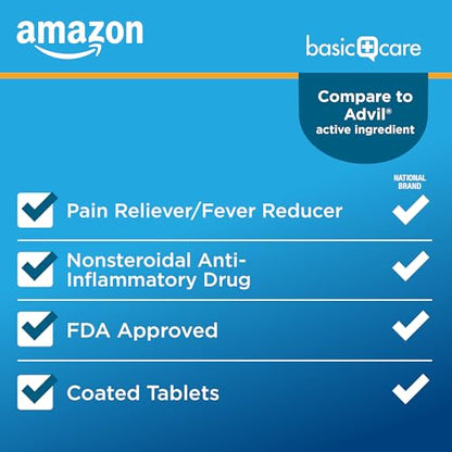 Amazon Basic Care Ibuprofen Tablets 200 mg, Pain Reliever/Fever Reducer, Body Aches