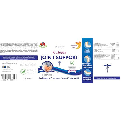 Swedish Nutra Joint Support Collagen - Pack of 500ml, 33 Day Supply | Berry Flavour | with Vitmain C & Glucosamine