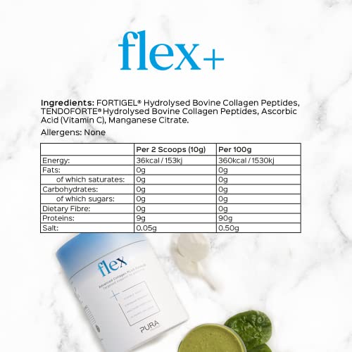 Pura Collagen Powdered Supplement Flex+, 10,000 mg Hydrolysed Peptides, Vitamin C & Manganese