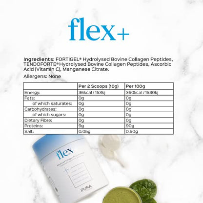 Pura Collagen Powdered Supplement Flex+, 10,000 mg Hydrolysed Peptides, Vitamin C & Manganese