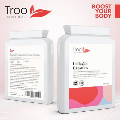 Troo Marine Collagen Supplement - 60 High Strength Capsules 1200mg Serving - Hydrolysed Marine Collagen Peptides with Vitamin C