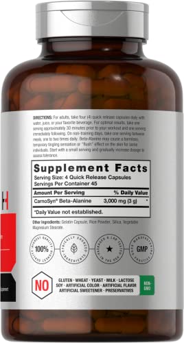 Beta Alanine Capsules | 3000mg | 180 Count | Non-GMO, Gluten Free Supplement | by Horbaach