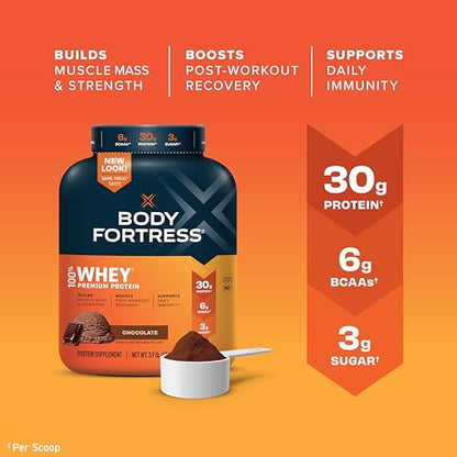 Body Fortress 100% Whey, Premium Protein Powder, Chocolate, 3.9lbs Packaging May