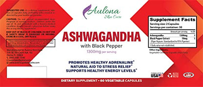 Aulona Care Ashwagandha with Black Pepper 1300mg for Healthy Adrenaline, Stress Relief