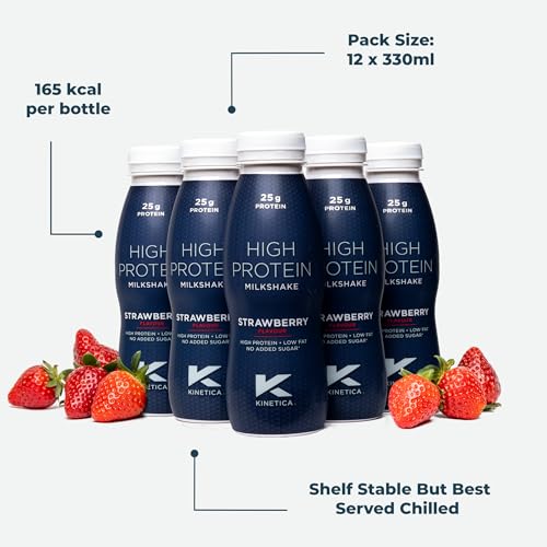 Kinetica Ready-to-Drink Protein Shake, 12 X 330mls, 165 cals, 25g Protein per Bottle, Low Fat (Strawberry)