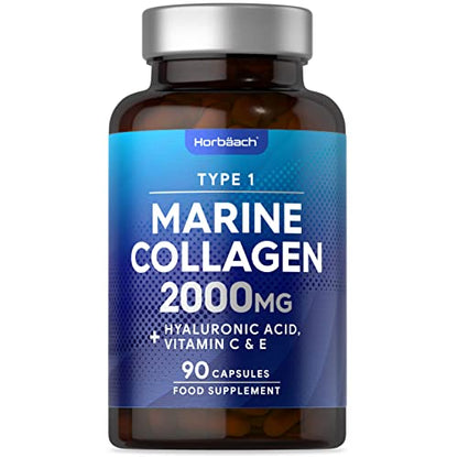 Marine Collagen Capsules | with Hyaluronic Acid, Vitamin C & E | 2000mg | High Strength Type 1 Collagen