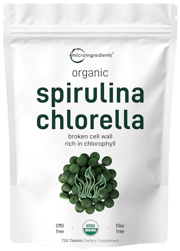 Organic Chlorella Spirulina Tablets, 3000mg Per Serving, 720 Counts, 4 Months Supply