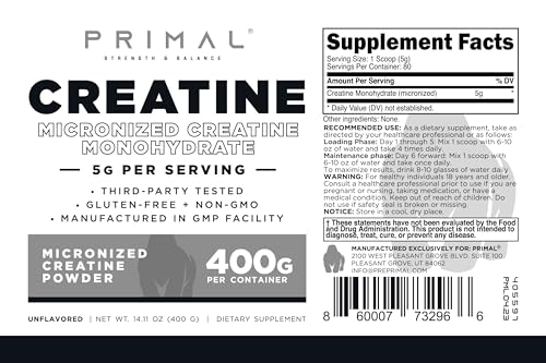 Primal Creatine Monohydrate Powder (400 Grams) | Unflavored Micronized Creatine