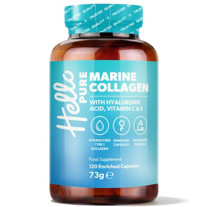 Marine Collagen Capsules - 1855mg - 120 Capsules - Enriched with Hyaluronic Acid & Vitamins C & E 