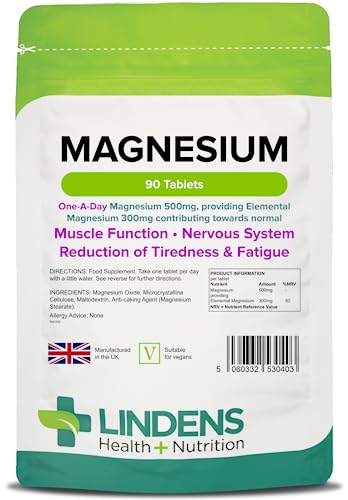 Lindens 500mg Magnesium Tablets | 90s 1-a-Day | Made in The UK | Tiredness, Muscle 