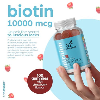 Artnaturals Biotin Gummies for Hair Growth - (100 Gummies - 10000mcg) - Natural Strawberry