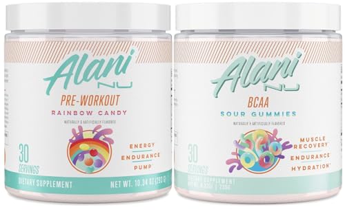 Alani Nu Rainbow Candy Pre Workout and BCAA Sour Gummies Post Workout Powder