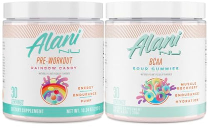 Alani Nu Rainbow Candy Pre Workout and BCAA Sour Gummies Post Workout Powder