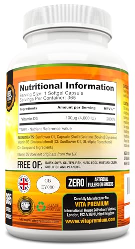 Vitamin D 4,000 IU Softgels, Maximum Strength Vitamin D3 Supplement, 365 Easy to Swallo