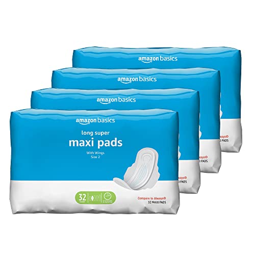 Amazon Basics Thick Maxi Pads with Flexi-Wings for Periods, Long Length, Super Absorbency