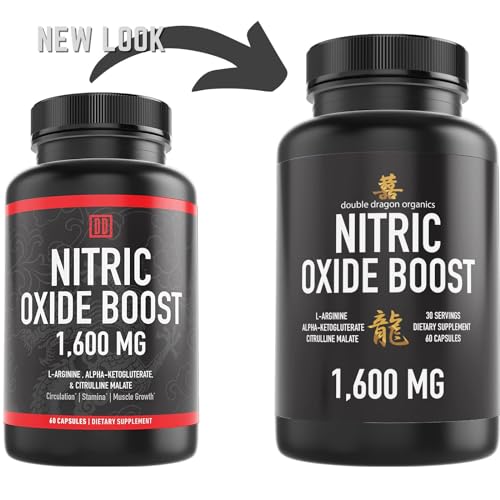 Double Dragon Organics Nitric Oxide Booster Supplement, 1600mg Extra Strength L-Arginine