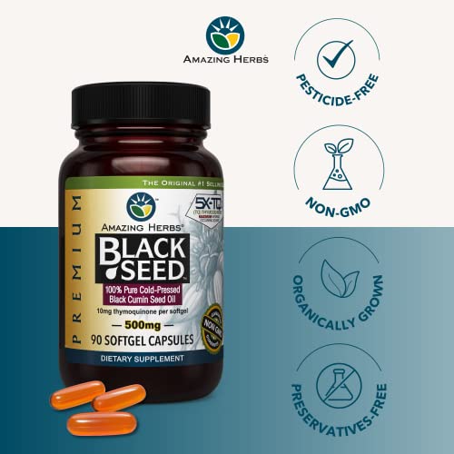 Amazing Herbs Premium Black Seed Oil Capsules - Cold Pressed Nigella Sativa Aids