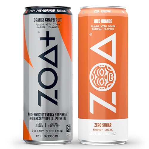 ZOA Energy Drink & ZOA+ Pre-Workout Bundle, Orange Grapefruit and Wild Orange, 12 Fl Oz