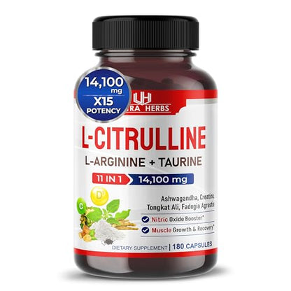 L-Citrulline 14,100 mg 11 in 1 with L-Arginine + Taurine, Ashwagandha, Creatine, Tongkat Ali