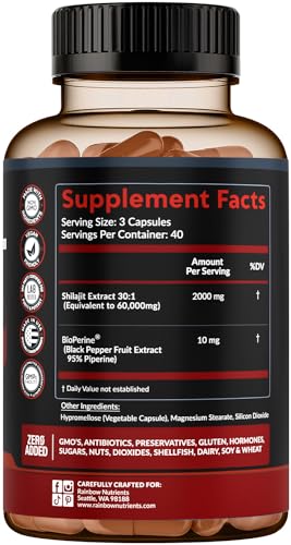 Pure Himalayan Shilajit Capsules Supplement (60,000mg+ Absorption Enhancer+50%